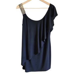 Betsy & Adam Black One Shoulder Ruffle Cocktail Dress Bling Women's Petite 10P